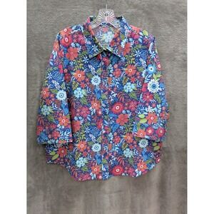 Floral Button Down Shirt Womens Large Vibrant 3/4 Sleeve Tropical Resort Coastal